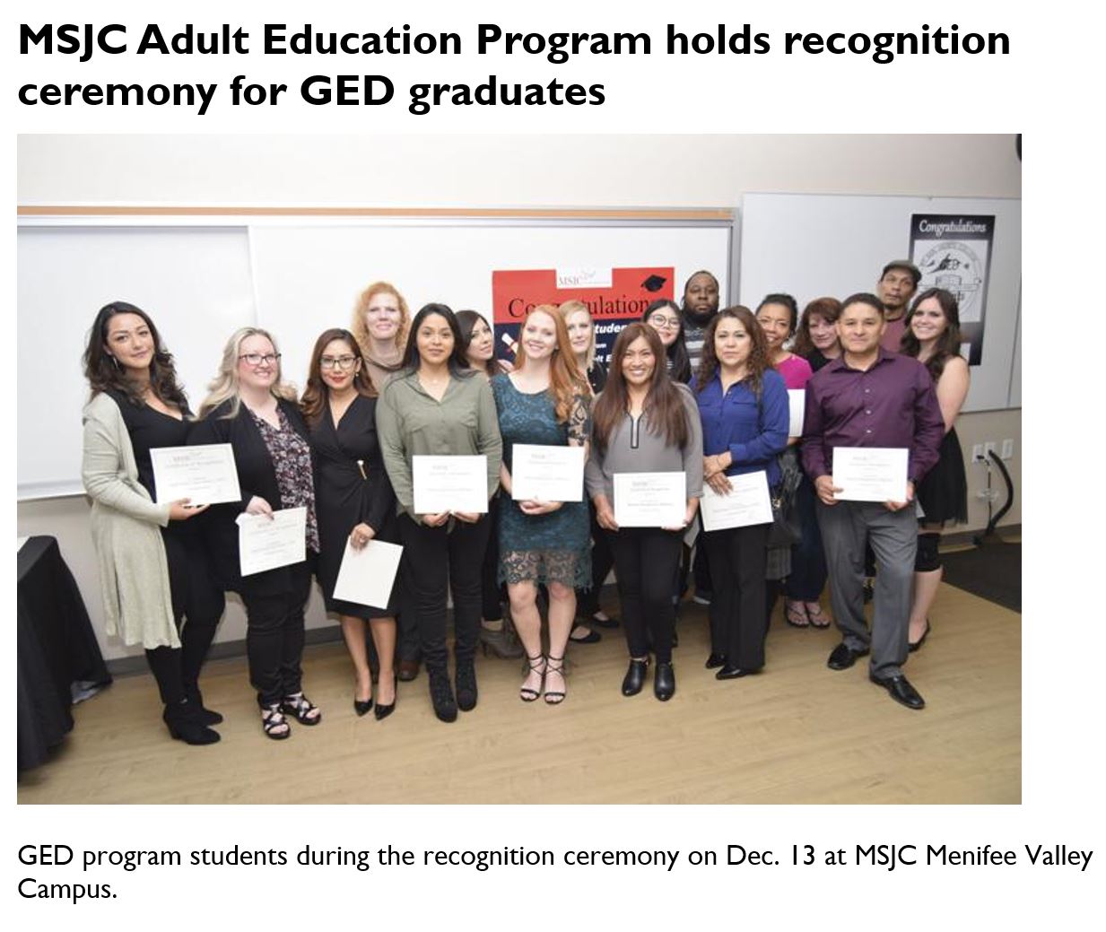 MSJC Aduld Ed Program Recognition for GED Graduates