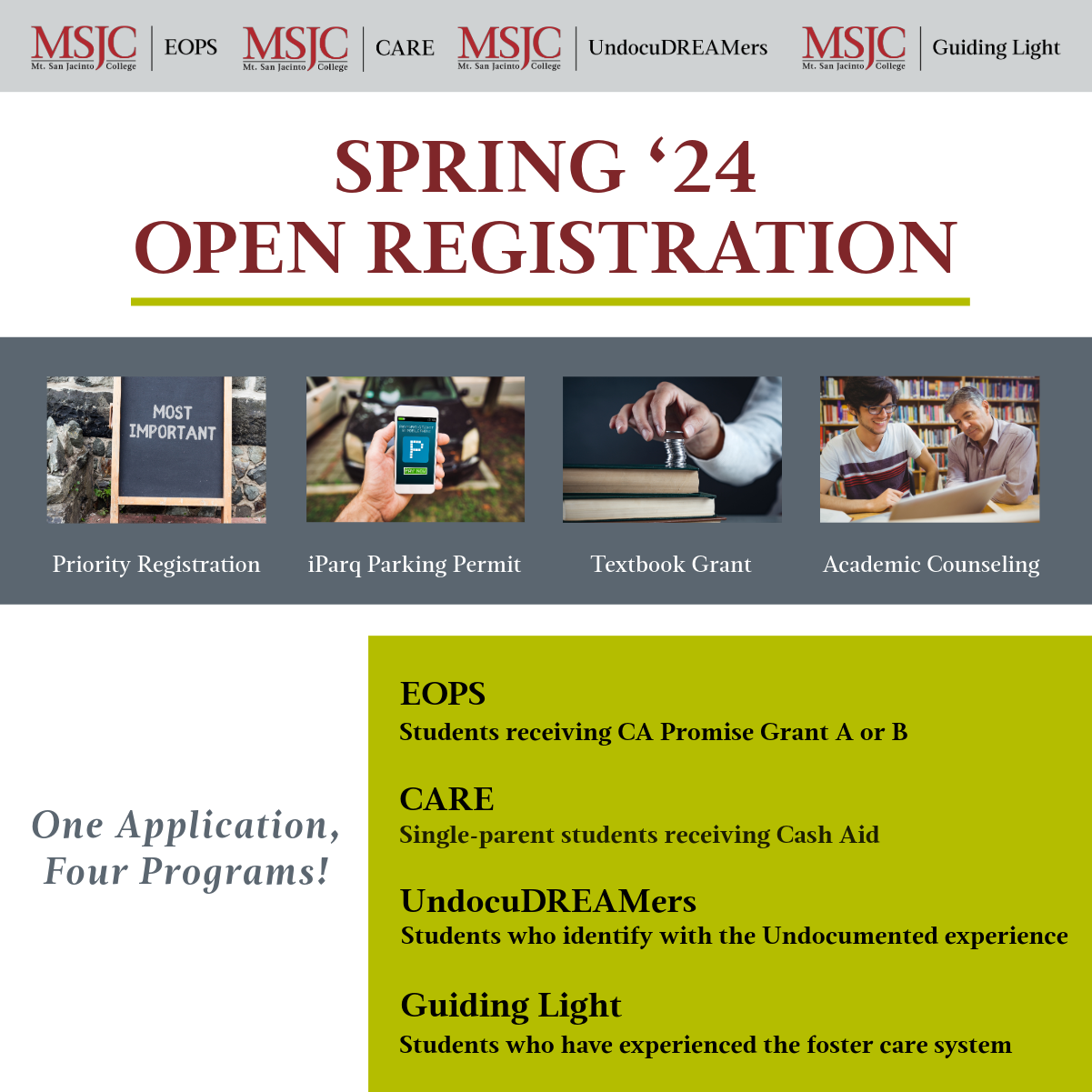 Spring 2024 Open Registration for EOPS CARE UndocuDREAMers and Guiding Light
